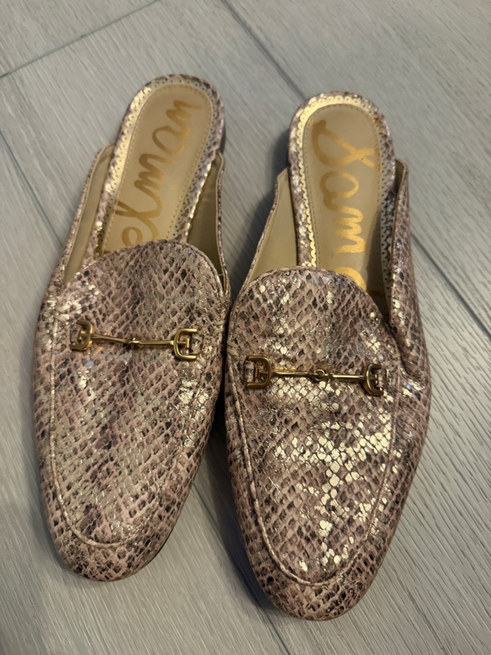 Sam Edelman Linnie Metallic Pink Snake-Print Backless Loafer Mules size 9.5